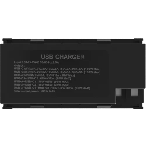 Фото USB зарядное устройство, 100W, Type A + C + C, 4 мод., черн. матовая (90х45мм)